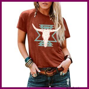 Vintage Cow Skull Graphic Tee Western Cowgirl Top Short Sleeve Casual